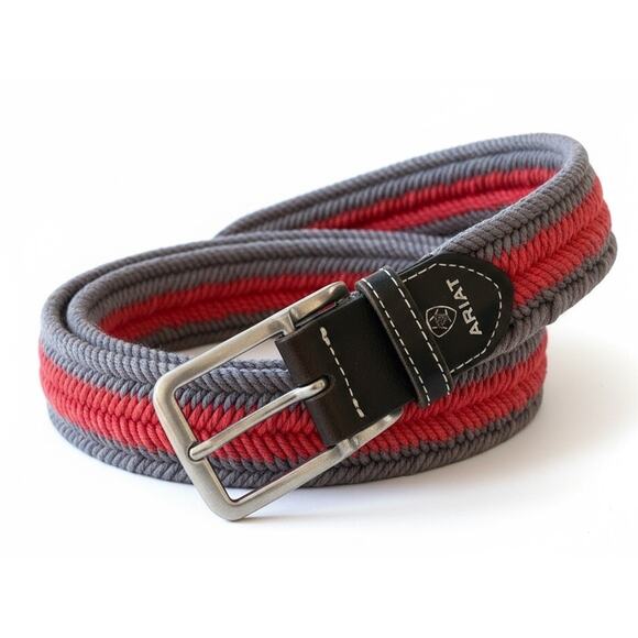 Ariat Belt Woven Fabric Red Gray Braided Leather Trim Sz 42” Western Unisex - Picture 1 of 10